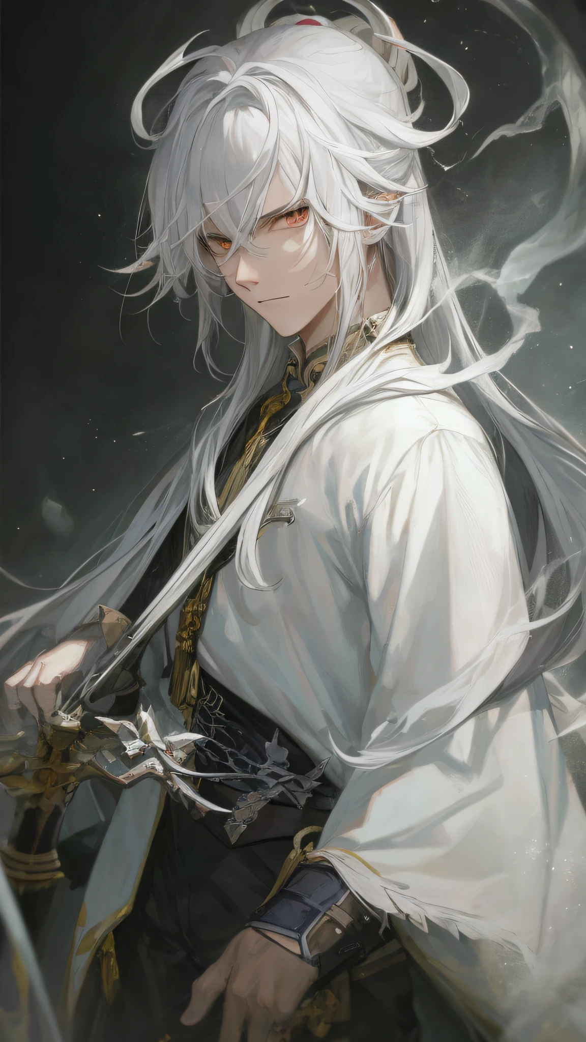 Close-up of a man with white hair and a sword, white hair god, white ...