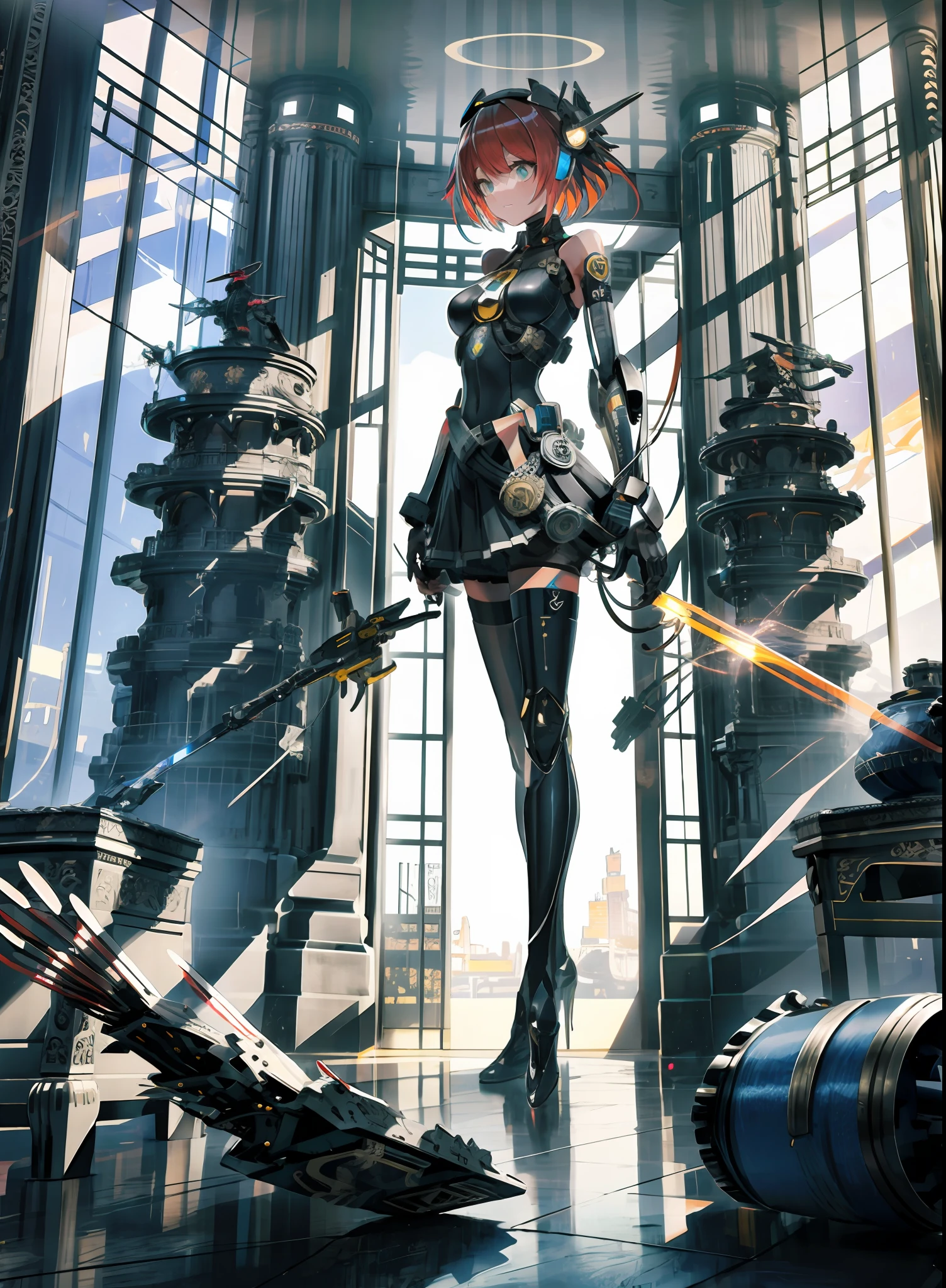 Masterpiece, best quality, super detailed, very detailed illustration, very detailed, intricate details, high resolution, super complex details, very detailed 8k CG wallpaper, denim lens, caustics, reflections, ray tracing, demon theme, nebula, dark aura, network effects, (1 man: 1.4), single, alone, mecha musume, mechanical parts, robot joints, single mechanical arm, headdress, mechanical halo, star halo, complex mechanical tights, fully armored, red hair, hair between eyes, multicolored hair, colored inner hair, yellow eyes, glowing eyes, eye tracks, cold storage expressions, random actions, ancient Chinese architecture, ponds, starry sky, skyline