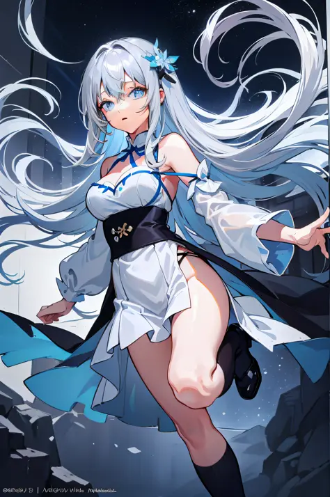 ((Best Quality, 8K, Best Masterpiece)) Anime characters with long gray hair and blue eyes, Anime visuals of young women, Today's featured anime stills, God of White Hair, official art, cute girl anime visuals, Popular isekai anime, Tsuaii, Marisa Kirigami,...