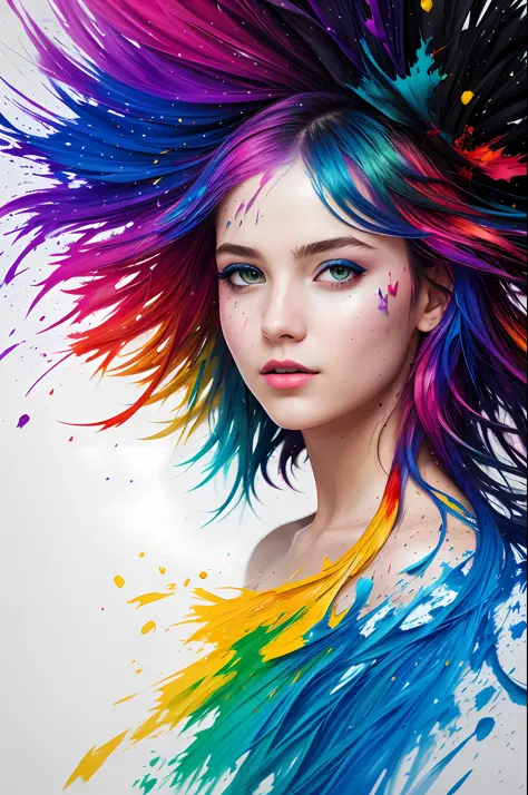 (level difference:1.8),(Paint colliding and splashing on the canvas),(depth of field),1girl's side face blends into it,((side face)),open mouth,(liquid paint rainbow hair:1.1) made of paint and defies gravity,thick flowing,(paint splatter:1.3),Liquid state...