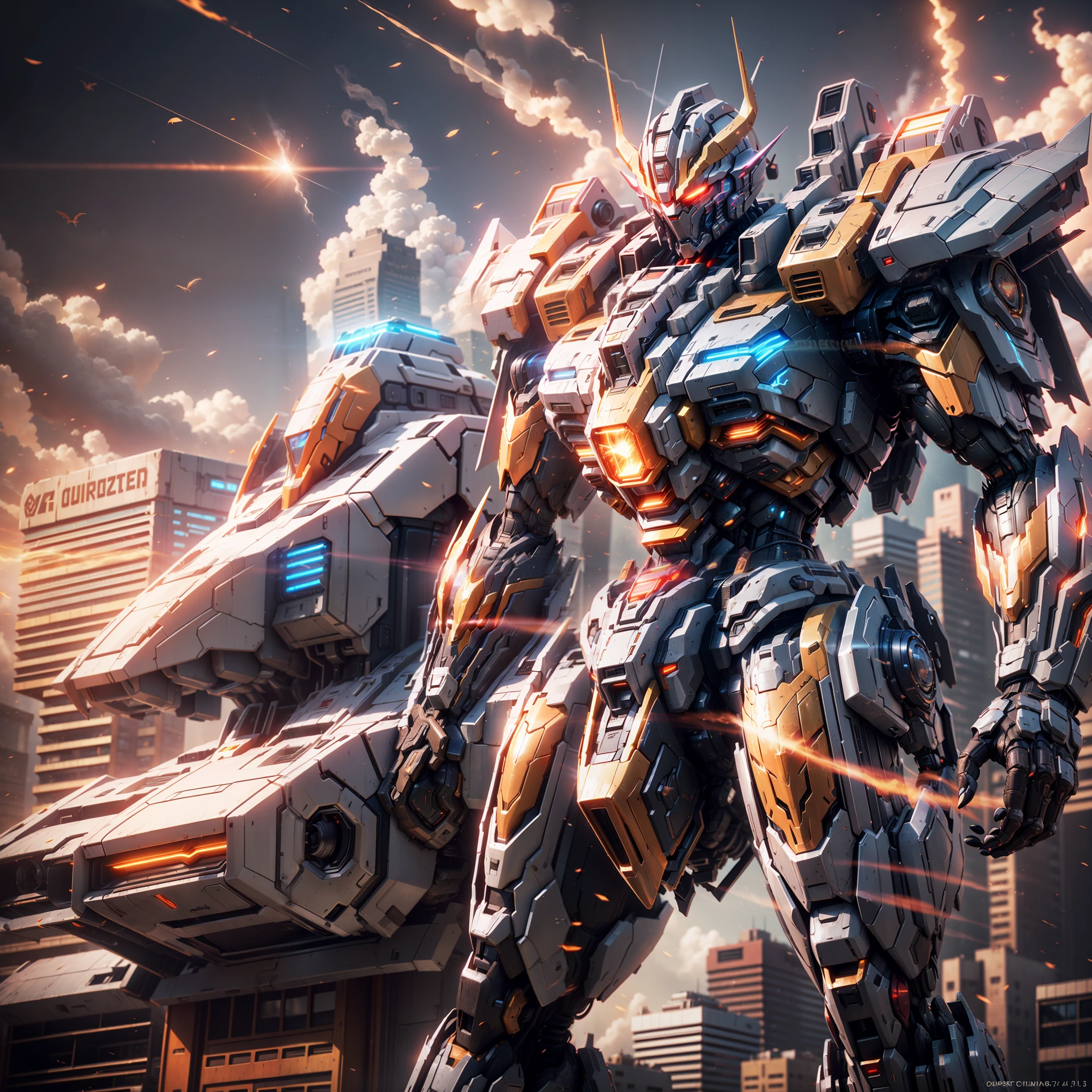 (A super mech dragon), a large amount of energy short barrels on the back, facing the camera high-rise buildings, energy cannon fire, tall and mighty, sturdy armor, futuristic technology, sharp lines, dynamic shapes, mechanical joints, armor plates, sensors, energy weapons, blazing energy, shining light, explosion effects, smoke and dust, tense atmosphere, (octane rendering: 1.4), best quality, (highly realistic), (super detail: 1.5), C4D rendering, cinematic quality