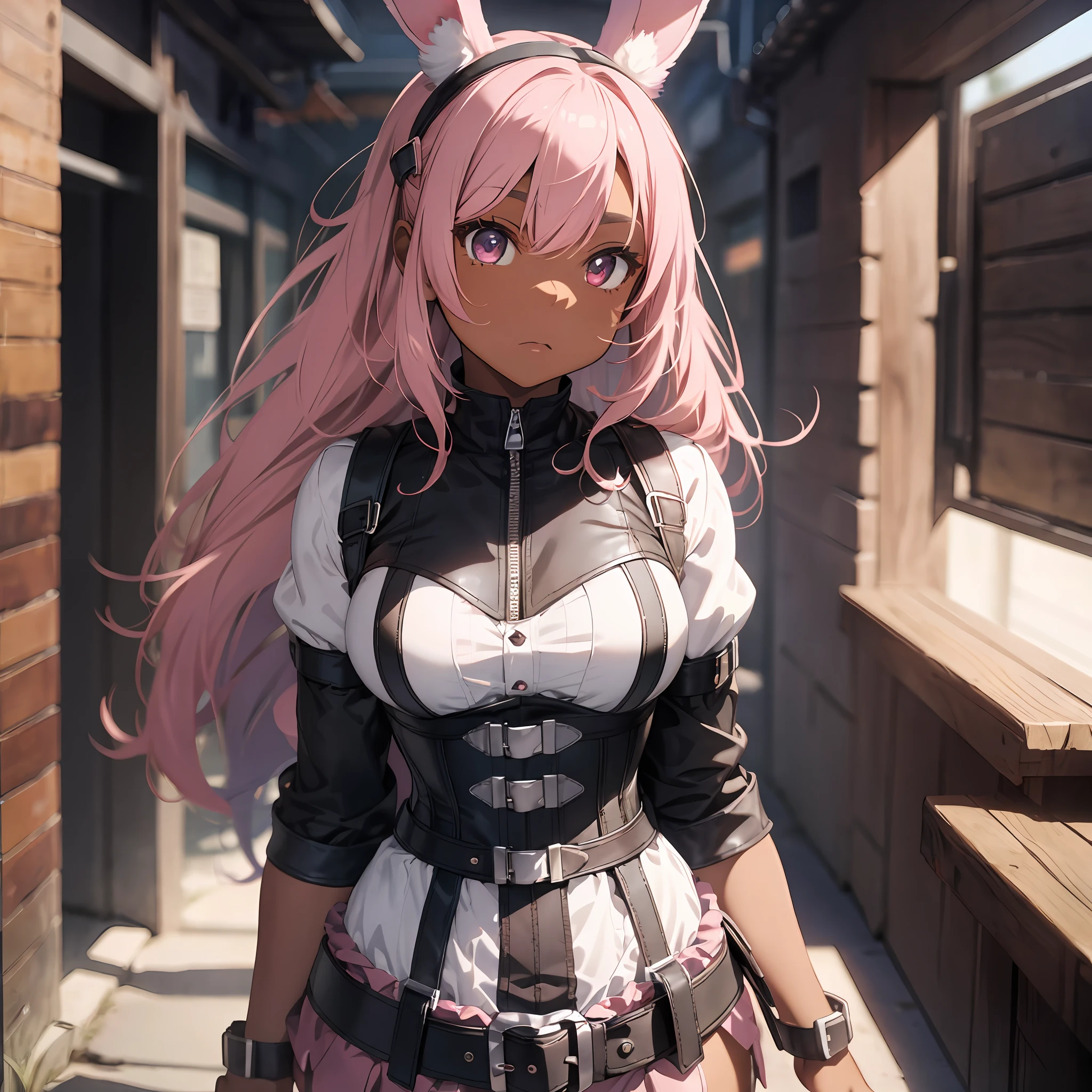 Thick eyebrows, huge leather backpack, fusion of snoring and corset, (dark skin: 1.3), brown skin, movie lighting, small, beautiful light pink hair, rabbit ears, (masterpiece), ((highest quality)), (super detailed), glossy skin, full body anime girl, clean and detailed anime face, high resolution anime eyes, five fingers, textile shading, perfect human structure, perfect anatomy,