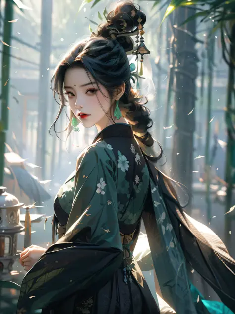A close-up of a woman, in a bamboo forest, long black hair, ponytail, green headdress, carrying a lantern, bamboo leaves falling, hazy smoke, green Hanfu,