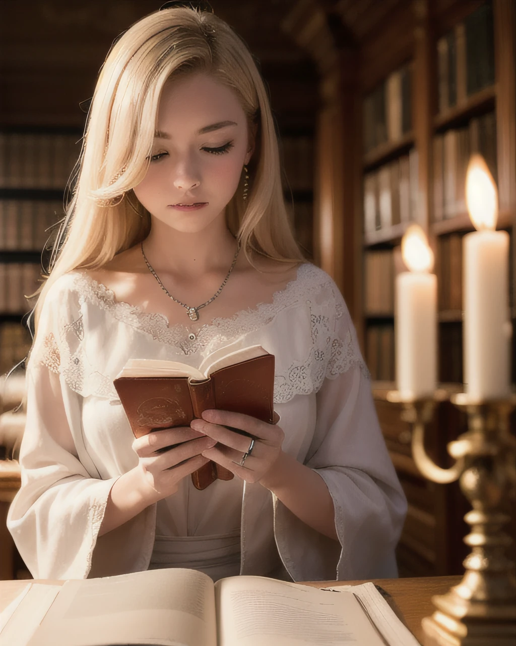 A captivating and enchanting photograph of a blonde student at a magical academy, immersed in her studies amidst the enchanting atmosphere of an ancient library filled with spellbooks and magical artifacts. The young student is dressed in the academy's traditional robes, adorned with the emblem of her house, as she intently reads a dusty tome that levitates before her, held aloft by a spell she has expertly cast. The photograph is beautifully composed using a Nikon D850 DSLR camera and a Nikkor 35mm f/1.8 lens, known for its sharpness and ability to render rich, vibrant colors. The camera settings are carefully chosen to capture the magical essence of the scene: an aperture of f/2, ISO 800, and a shutter speed of 1/60 sec, allowing the subtle, flickering glow of enchanted candles to illuminate the library's mysterious depths. The composition thoughtfully employs a shallow depth of field, placing the focus on the blonde student while the library's ancient, towering bookshelves fade softly into the background, adding a sense of wonder and intrigue to the scene. The photograph is further enhanced by the delicate play of light and shadow cast by the candles, casting a warm, ethereal glow that highlights the student's determination and passion for her magical studies. --ar 3:2 --q 2 --v 5