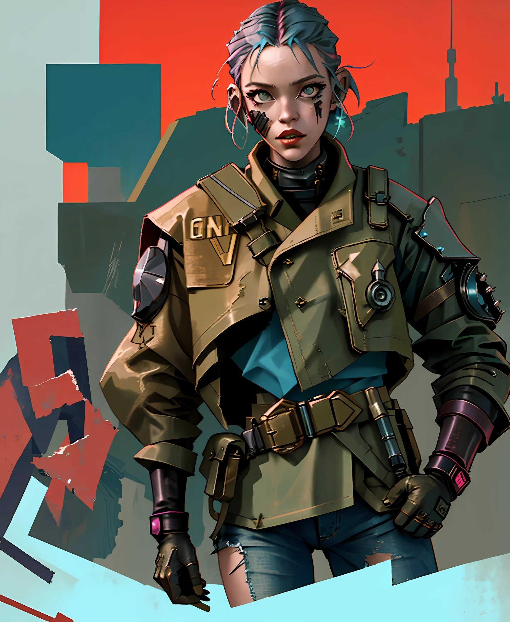 un gros plan d&#39;une femme dans une tenue militaire tenant une épée, post - cow-girl apocalyptique, ambiance postapocalyptique, style postapocalyptique, tenue post-apocalyptique, porter des vêtements apocalyptiques, se déroulant dans un Tokyo post-apocalyptique, diesel punk femme, cyberpunk 2 0 ans. Ô fille modèle, très beau samouraï cyberpunk, charognard post-apocalyptique, explorateur postapocalyptique, (((style punk des terres en friche))), inspiré des films Mad Max, 8k,16k,4K,UHD,((chef-d&#39;œuvre)), désert en arrière-plan