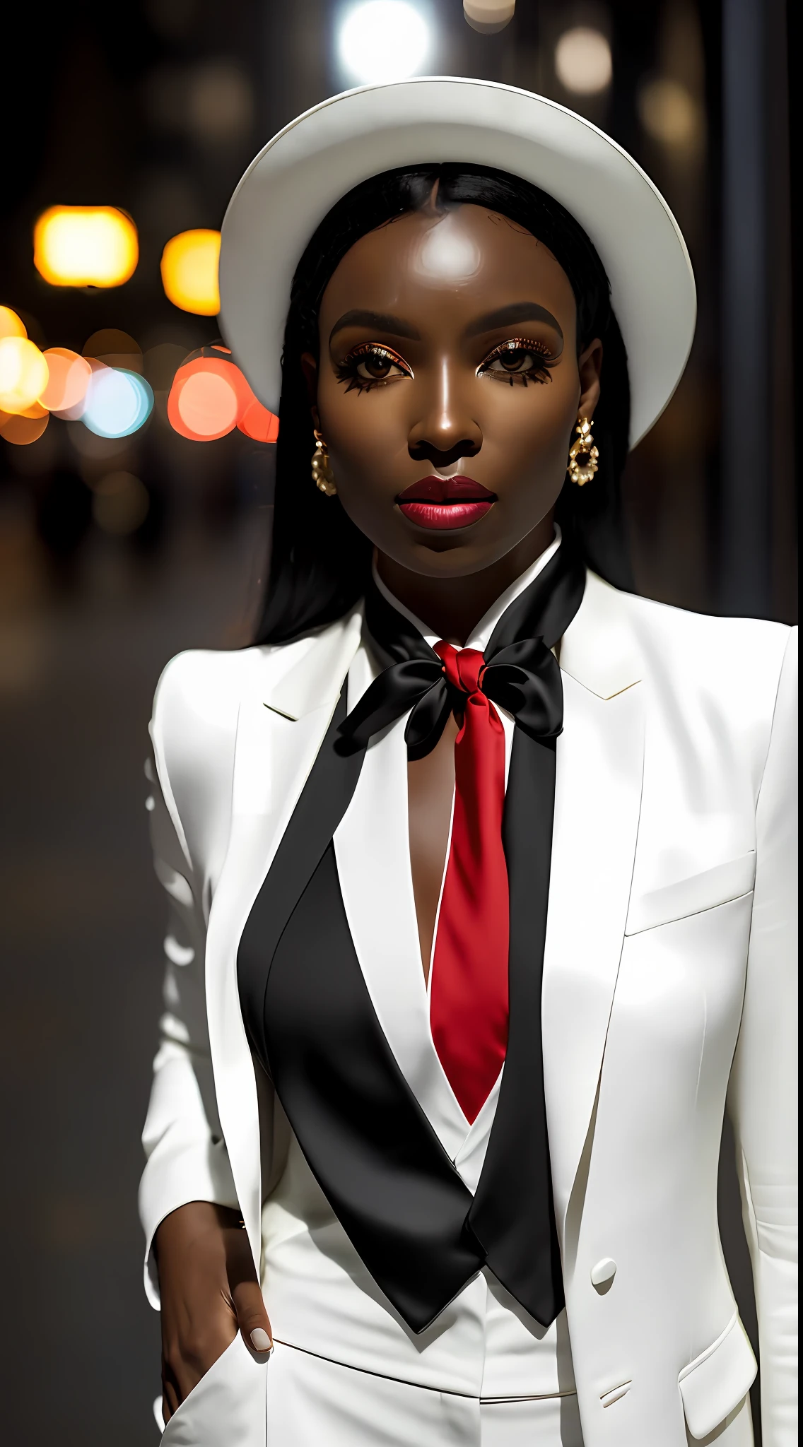 (8k, Photo brute, qualité maximale, Ultraréaliste), (Une femme à la peau noire)++ (30 ans belle), ((costume blanc)), ((longue cravate marron rouge)) cheveux noirs avec une rose sur l&#39;oreille gauche, rouge Panama a, veste beige, fermer, (Yeux détaillés: 0.8), (En regardant la caméra: 1.4), (qualité maximale), (Meilleure ombre), Détails complexes, Fond de nuit, lumières, dans la rue