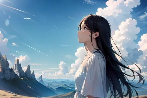 absurdres, highres, (official art, beautiful and aesthetic:1.2), close view,
shining sky, vast world, girl, gazing, awe-inspiring expression, distant horizon, clouds, high hill, natural beauty, inspiration, light effects,