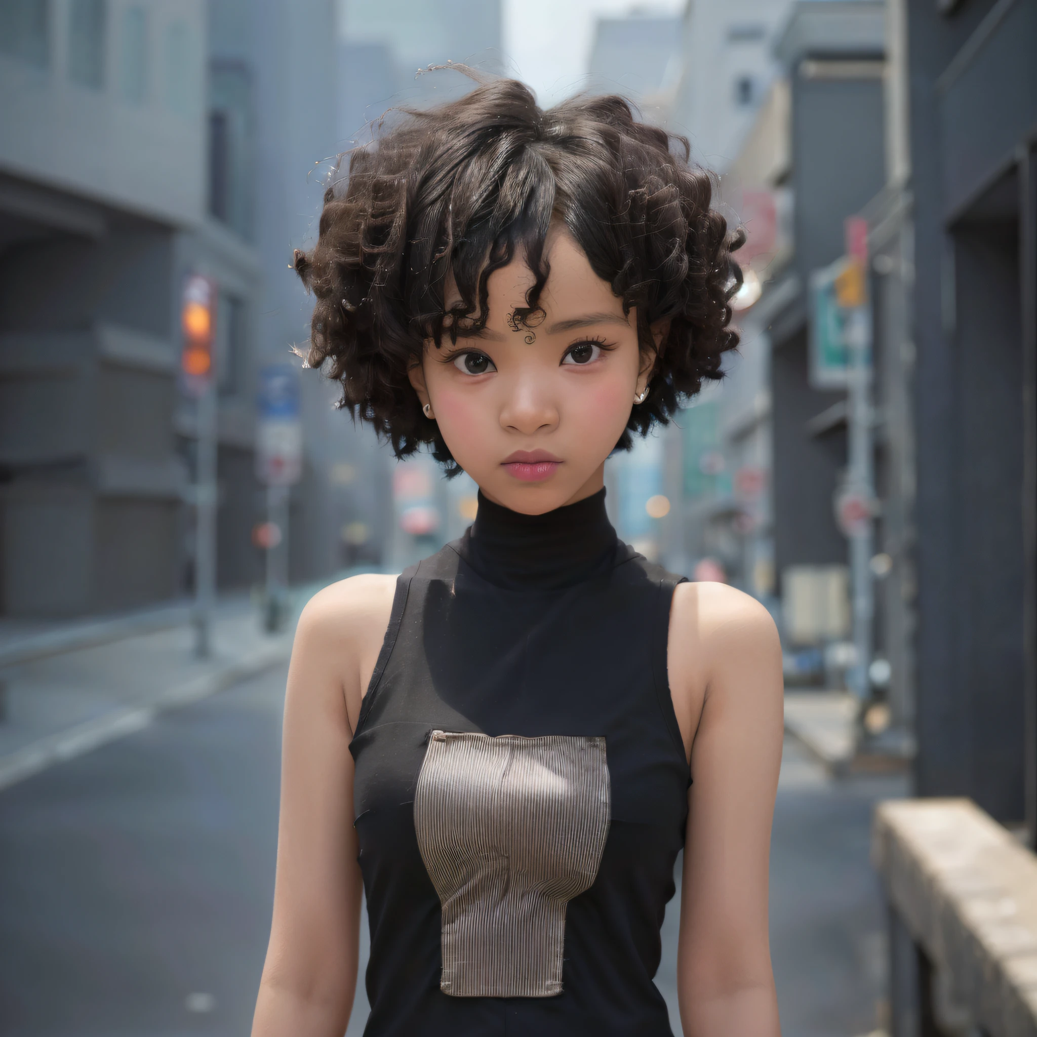 There is a 2 year old girl, standing on a city street with a black top, with short hair, anime girl in real life, portrait of an African child, curly and short top hair, subtle anime style, anime style mixed with Fujifilm, african girl, beautiful african girl, ethnicity: African, in neo Tokyo,  hyper-realistic cyberpunk style