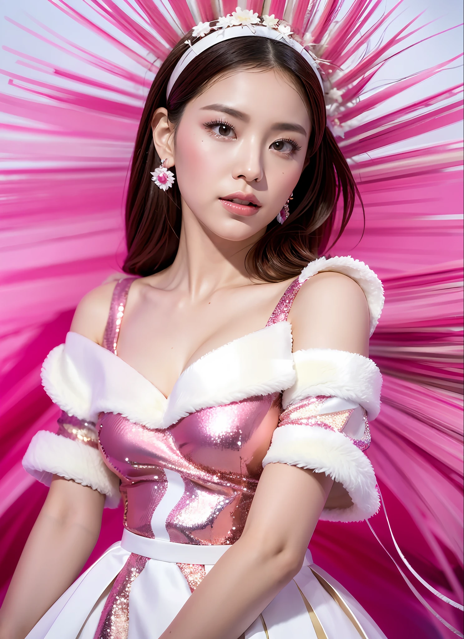 Generate high-quality images of women with prominent pink and white. She is dressed in a sophisticated fashion style and is dressed in elegant outfits with pink and white. The background is a landscape with abstract and fantastic elements, delicately spread with soft rays of light in pink and white and red accents. Her poses are graceful and give a feeling of natural movement and expressiveness. The effects of light and shadow are skillfully presented, and the faces and expressions are charmingly depicted in the smallest detail of the pink, white and red costumes and accessories. The overall atmosphere is modern, yet has its own artistic touch, and the pink, white and red color palette gives it a glitz and vibrancy. The pink and white tones of this image are beautifully projected, evoking visual stimulation and aesthetic sensations, and will excite and surprise the viewer. Depending on her designation as Japan or Korean, each work will also express its characteristics.