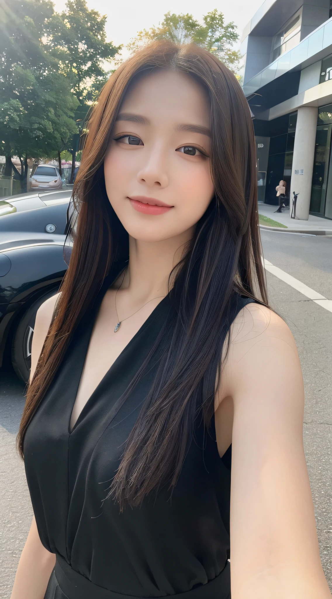 ((Best Quality, 8k, Masterpiece:1.3)), Focus: 1.2, Perfect Body Beauty: 1.4, Buttocks: 1.2, ((Delicate Long Hair)), (JK Clothing Black Silk: 1.1) , (Sports car, street: 1.3), Highly detailed face and skin texture, Delicate eyes, Double eyelids, Whitened skin, Smile, Wearing necklace, ring, person next to sports car,