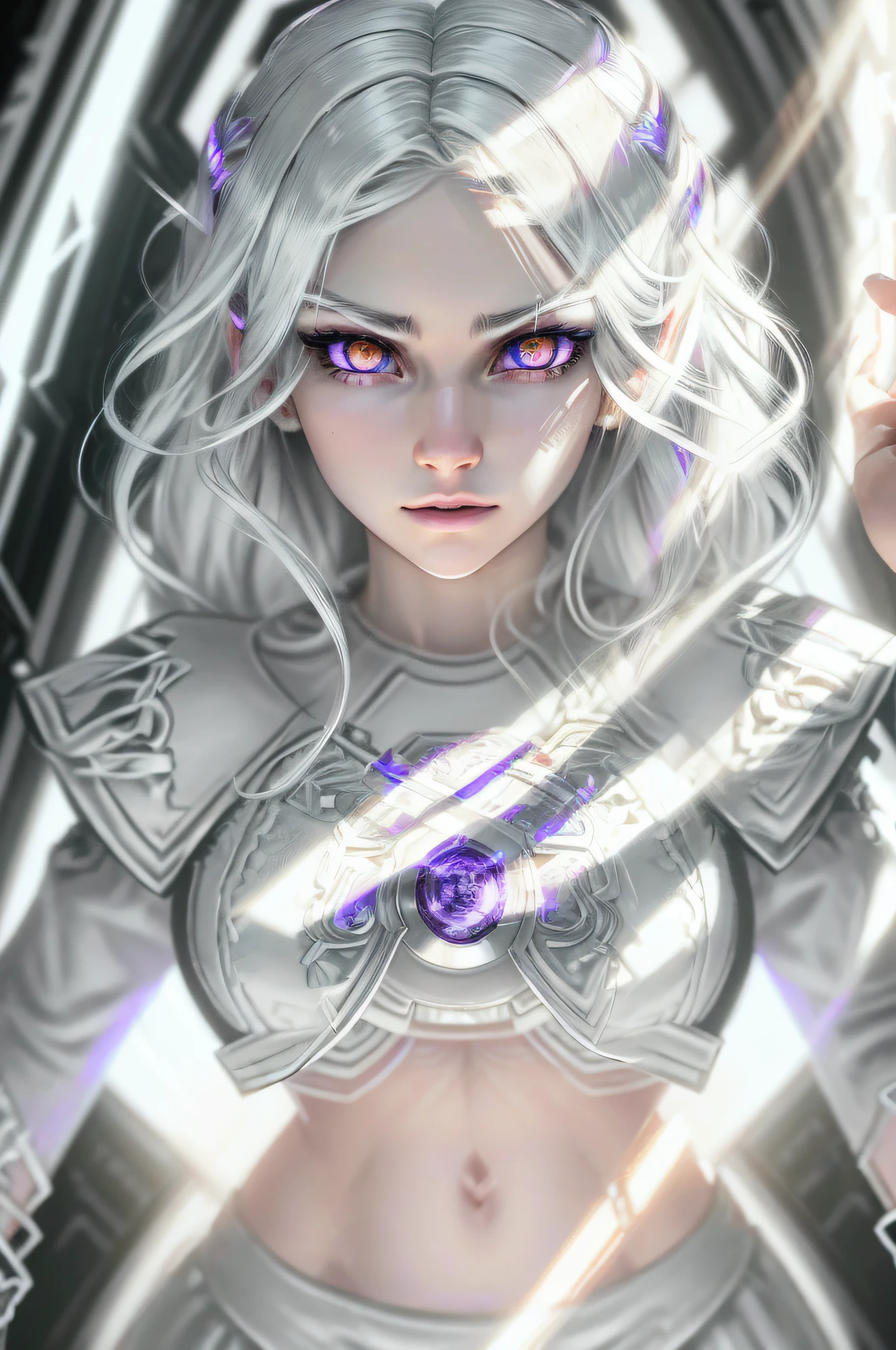 highres, highest quallity, illustration, cinematic light, ultra detailed, detailed face, (detailed eyes), best quality, hyper detailed, masterpiece, (detailed face), white hair, purple eyes, highest details, luminous eyes, medium breats, black halo, white clothes, backlighting, (midriff:1.4), light rays, (high contrast), (colorful),