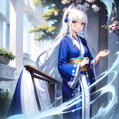 White hair, blue kimono, beautiful girl, beautiful big