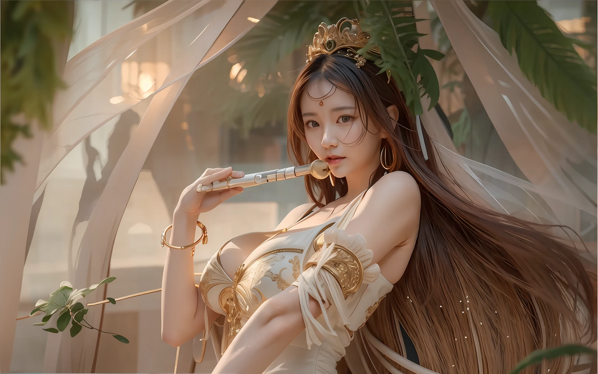 there is a woman in a white dress posing with a flute, trending on cgstation, guweiz, artwork in the style of guweiz, japanese goddess, wlop and sakimichan, a beautiful fantasy empress, cinematic. by leng jun, by Yang J, wlop and ross tran, by Victor Wang, chengwei pan on artstation