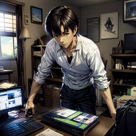 anime man in a white shirt and black pants looking at a laptop, makoto shinkai. digital render, handsome anime pose, digital ani...