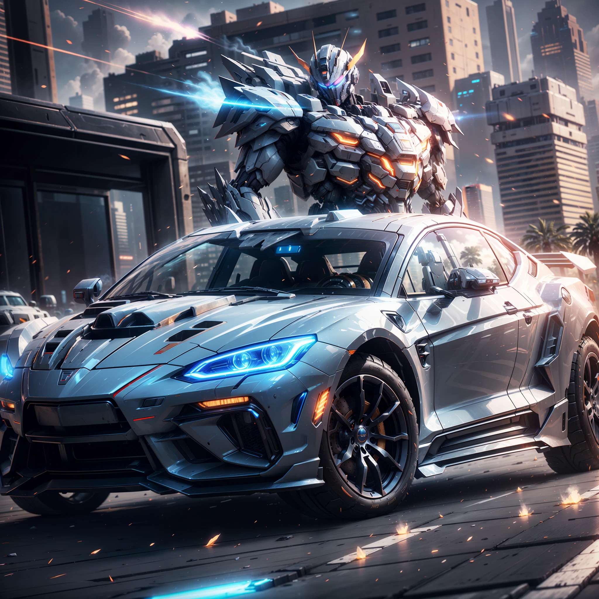 (A super mech sports car), laser energy cannon on the roof, facing the camera, tall buildings, energy cannon fire, tall and mighty, solid armor, futuristic technology, sharp lines, dynamic shapes, mechanical joints, armor plates, sensors, energy weapons, blazing energy, shining light, explosion effect, smoke and dust, tense atmosphere, (octane rendering: 1.4), best quality, (highly realistic), (super detail: 1.5), C4D rendering, cinematic quality