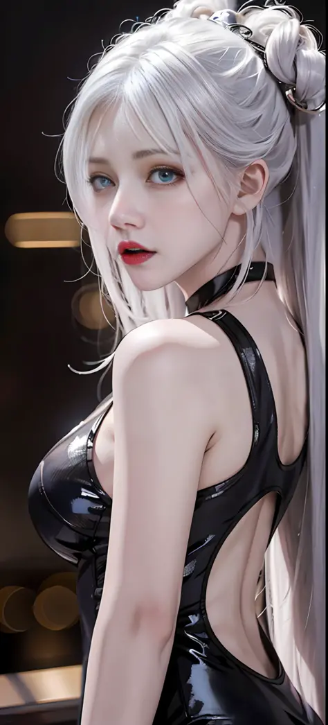 Realistic, high resolution, upper body, 1 woman, white hair, glowing eyes, shirt, transparent garment, 8K, CG, seduction, goddess, hands on the back of the head