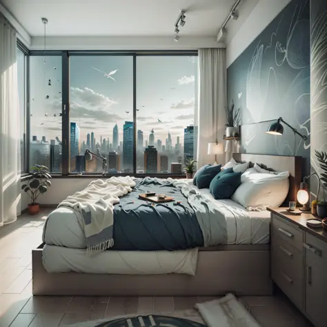 male bedroom minimalist style with a touch of dark blue, double bed, study table, window with photorealistic city view --auto --...