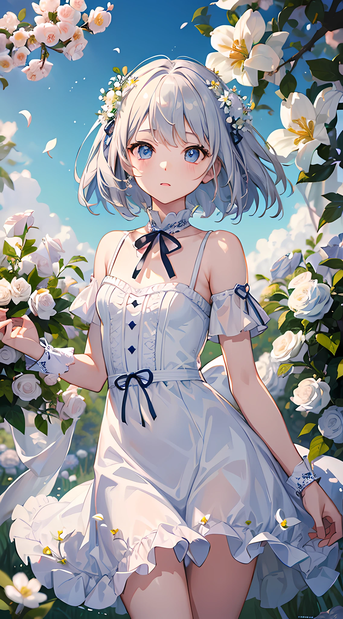 (masterpiece, best quality:1.6), white lace dress, cowboy shot, thighs, beautiful girl, (flowers, many small white petals:1.3), garden, blue sky, looking at viewer, small waist, official art, raw photo, incredibly absurdres, facelight, dynamic lighting, cinematic lighting, ultra realistic, highres, photography, sharp focus, highest detailed, extreme detailed, ultra detailed, finely detail, extremely detailed eyes and face