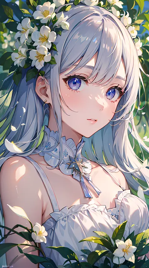 (masterpiece, best quality:1.6), white lace dress, cowboy shot, thighs, beautiful girl, (flowers, many small white petals:1.3), garden, blue sky, looking at viewer, small waist, official art, raw photo, incredibly absurdres, facelight, dynamic lighting, cinematic lighting, ultra realistic, highres, photography, sharp focus, highest detailed, extreme detailed, ultra detailed, finely detail, extremely detailed eyes and face