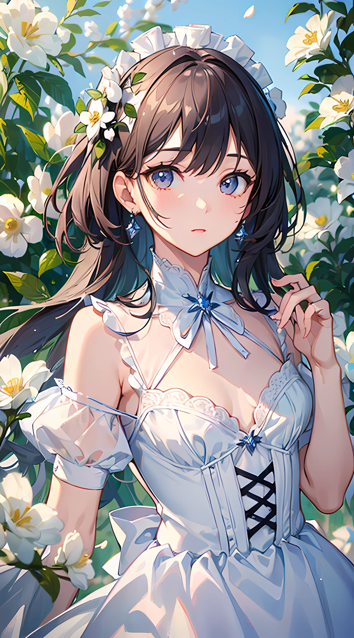 (masterpiece, best quality:1.6), white lace dress, cowboy shot, thighs, beautiful girl, (flowers, many small white petals:1.3), garden, blue sky, looking at viewer, small waist, official art, raw photo, incredibly absurdres, facelight, dynamic lighting, cinematic lighting, ultra realistic, highres, photography, sharp focus, highest detailed, extreme detailed, ultra detailed, finely detail, extremely detailed eyes and face