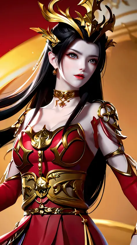 Excellent, masterpiece, black hair, golden eyes, red clothes, looking up, upper body, hair, fair skin, red theme