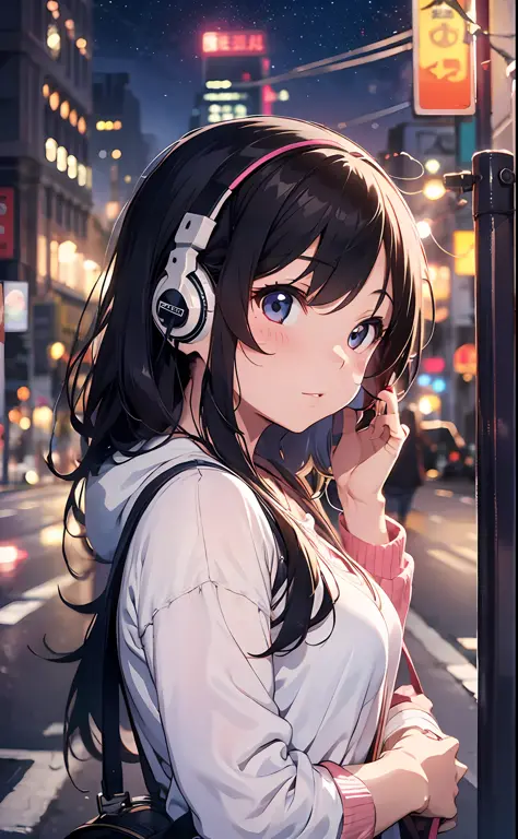 【Excellent, Best Quality】1 girl, lofi, chill, night, light, headphones