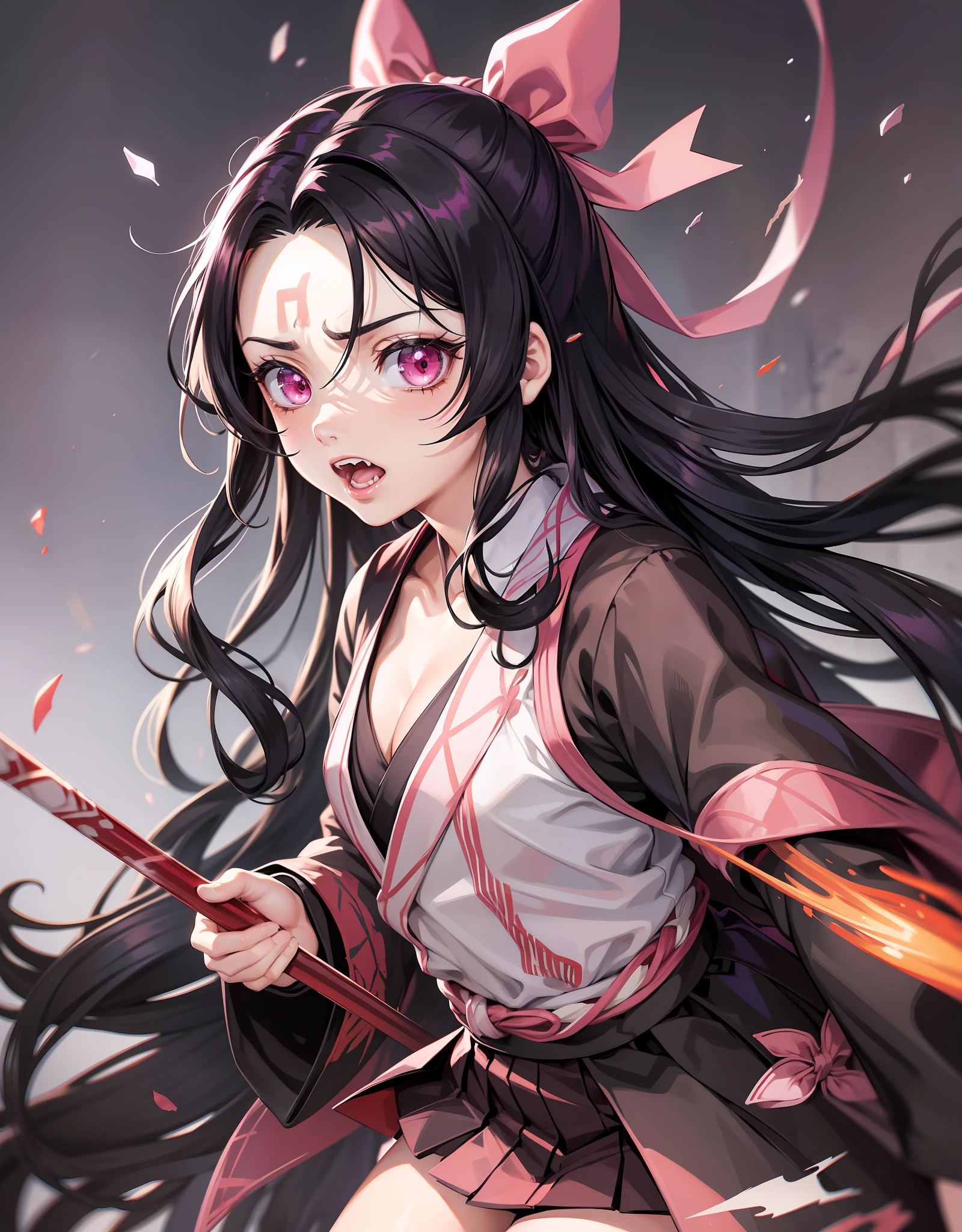 anime, hdr, soft light, ((best quality)), ((masterpiece)), (detailed), NezukoDS, kamado nezuko, black hair, forehead, open mouth, fangs, pink eyes, very long hair, hair ribbon, japanese clothes, pink kimono, multicolored hair, pink ribbon, cleavage, angry, horn, standing, legs apart, fighting pose, blood, blood on clothes, blood on face, flowing blood, destruction, kimetsu no yaiba style, sparks,