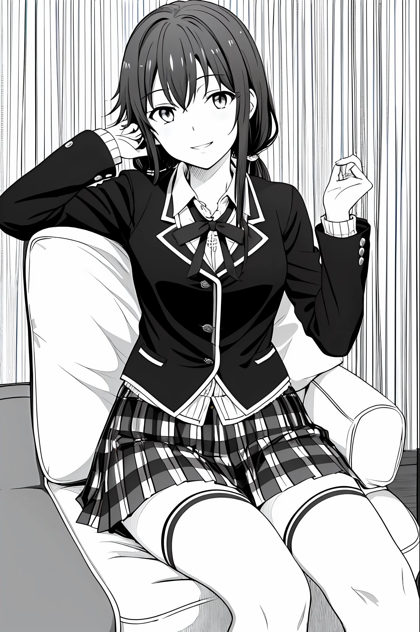 masterpiece, best quality,  yukino yukinoshita, 1girl, cushion, long hair, thighhighs, skirt, black knee high socks, solo, couch, smile, sitting, looking at viewer, breasts, twintails, jacket, sweet devil \(vocaloid\), parted lips, monochrome, lineart,