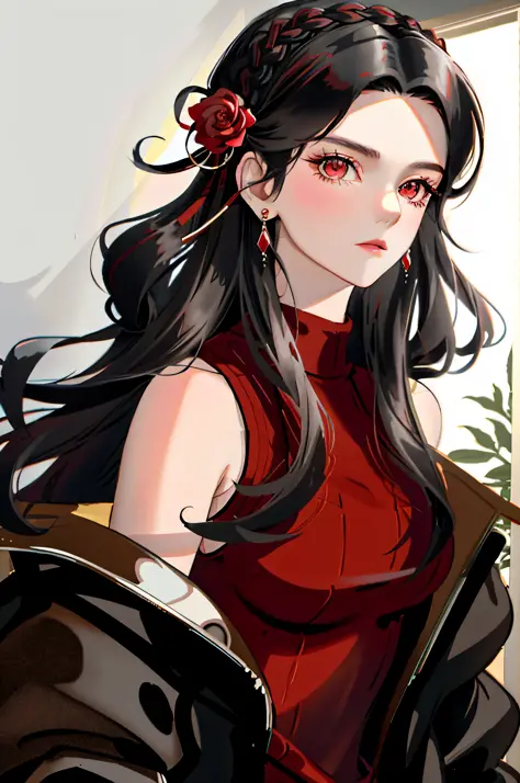 yor briar, 1girl, bare shoulders, red woll sweater, black hair, breasts, closed mouth, dress, earrings, flower, hair flower, hair ornament, hairband, jewelry, medium breasts, long hair, looking at viewer, red eyes, sidelocks, sleeveless, solo, upper body, ...