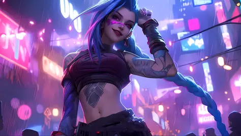a woman with blue hair and tattoos standing in a city, portrait of jinx from arcane, jinx from league of legends, jinx from arcane, arcane jinx, jinx expression, cyberpunk art style, cyberpunk 2077 rossdraws, cyberpunk judy alvarez, jinx face, cyberpunk an...