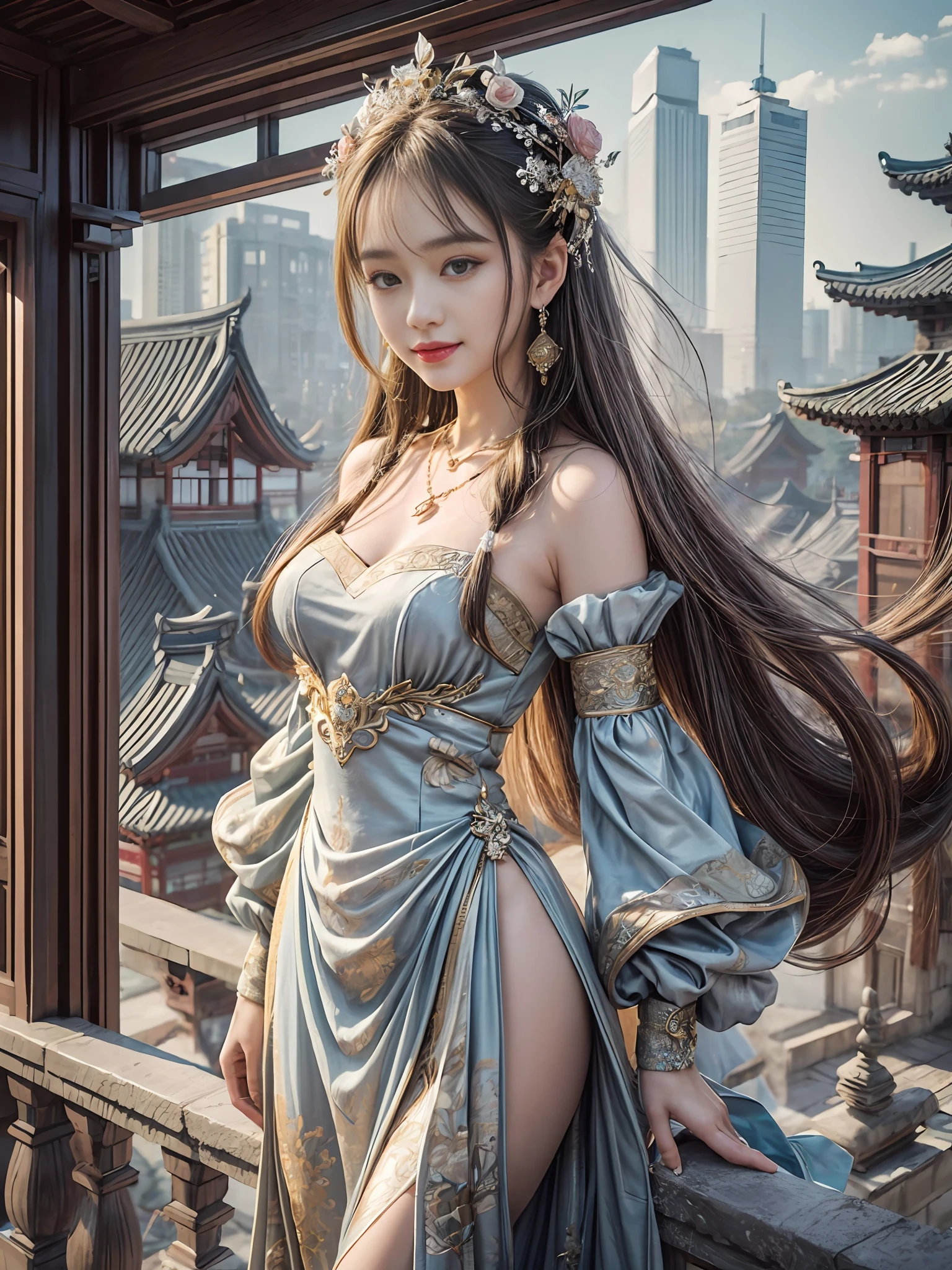 Best quality, masterpiece, high resolution, 1girl, porcelain, beautiful face, hair accessory, solo, looking at viewer, smiling, shut up, lips, porcelain, dress, hair accessory, necklace, jewelry, long hair, earrings, Hanfu, architecture, East Asian architecture, architecture, outdoors, roof, city, cityscape