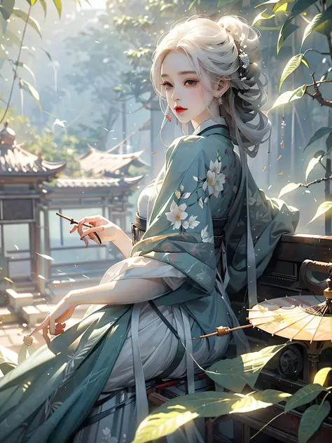 Bamboo forest, bamboo leaves falling, hazy, white hair, white hanfu, sexy, oil-paper umbrella, lantern, folding fan, flute,