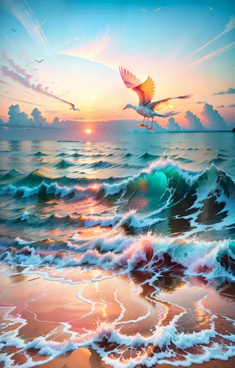 An absolutely mesmerizing sunset on the beach with a mix of orange, pink and yellow in the sky. The water is crystal clear, gently kissing the shore, and the white sand is boundless. The scene is dynamic and breathtaking, with seagulls soaring high in the ...
