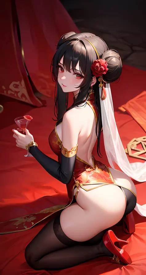 Masterpiece, Superb Body, Extremely Normal Body, Candlelight Night in the Cave House, Wedding Scene, ((Single +)) (Kneeling Position) (Point You By Ass) Mature Woman, Chinese Style, (Royal Sister), Chinese Costume Red Wedding Dress, Bun, Black Long Haired ...