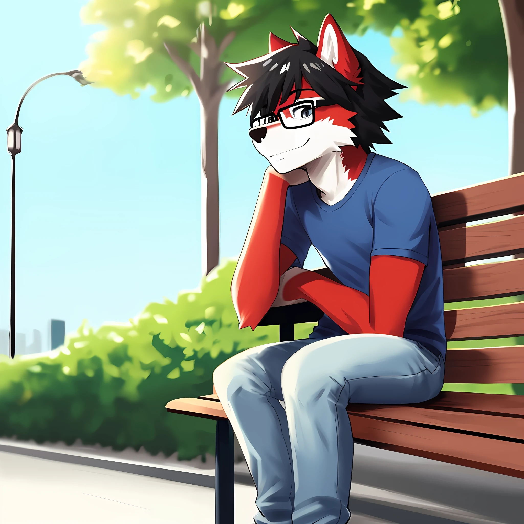 masterpiece, anthro, wolf with red fur, male, blue shirt and jeans, glasses, black hair, solo, no group, not double, smiling, great lighting, soft light, no logo marked, sitting on the park bench, Komi can't communicate style, character focus, framed, no extra limbs, skinny