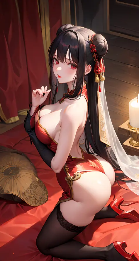 Masterpiece, Superb Body, Extremely Normal Body, Candlelight Night in the Cave House, Wedding Scene, ((Single +)) (Kneeling Position) (Point You By Ass) Mature Woman, Chinese Style, (Royal Sister), Chinese Costume Red Wedding Dress, Bun, Black Long Haired ...