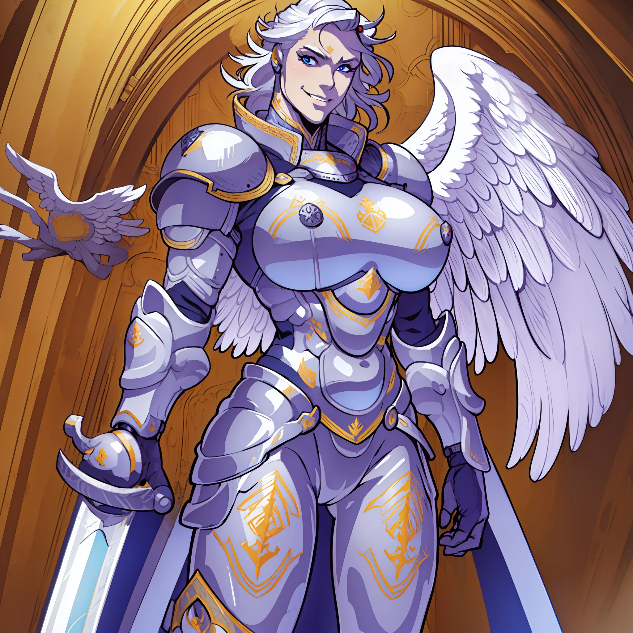 knight, young girl, sword holding , schield holding, angel, silver hair, blue eyes, portrait, 1character, full body, musclegirl , huge breast, tall female, portrait, full body, smile, pants