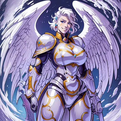 knight, young girl, sword holding , schield holding, angel, silver hair, blue eyes, portrait, 1character, full body, musclegirl ...