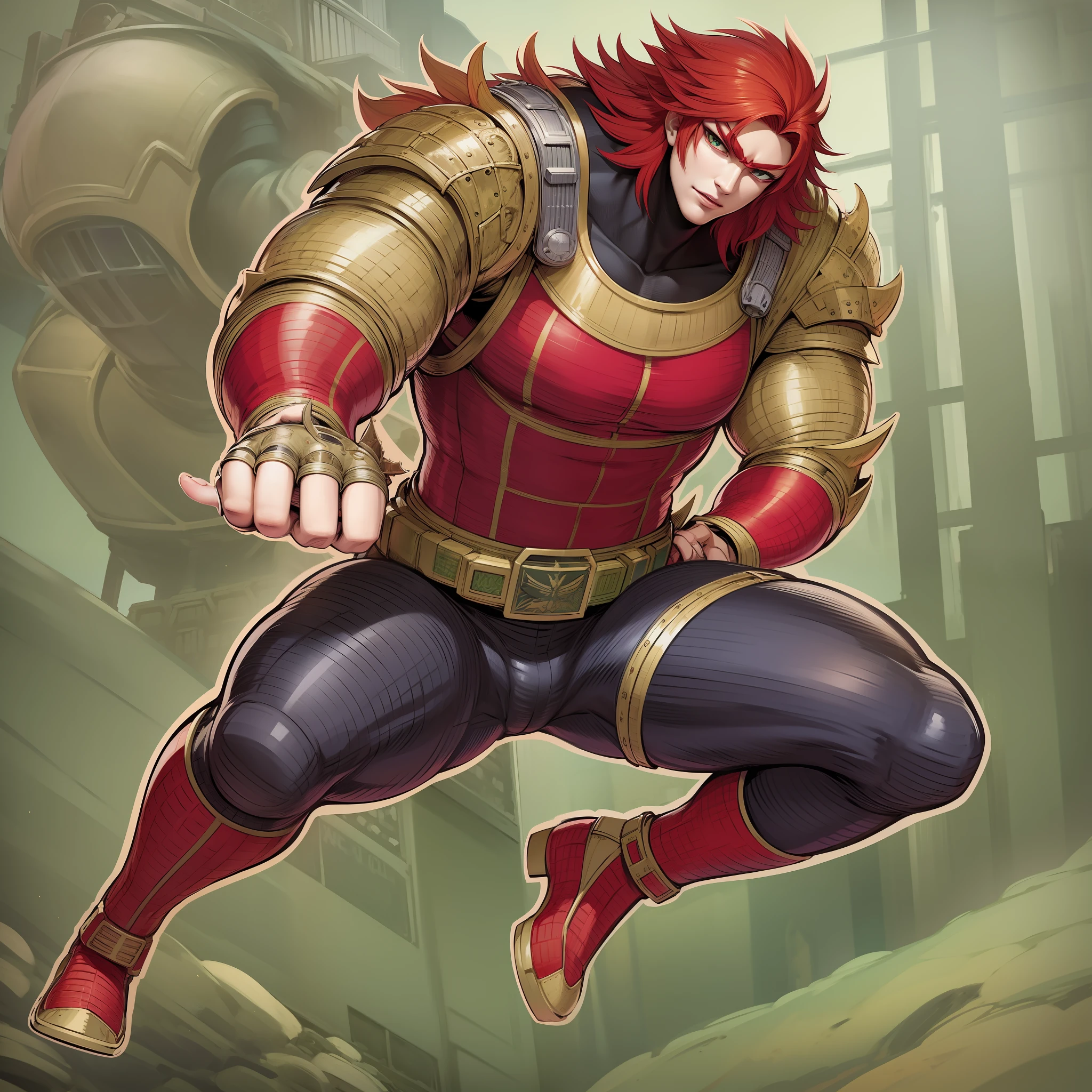 cabelo vermelho, armadura completa, sentai hero, homem musculoso cabelo longo, calça, vest, o manto, panos pretos, corpo todo, olhos verdes