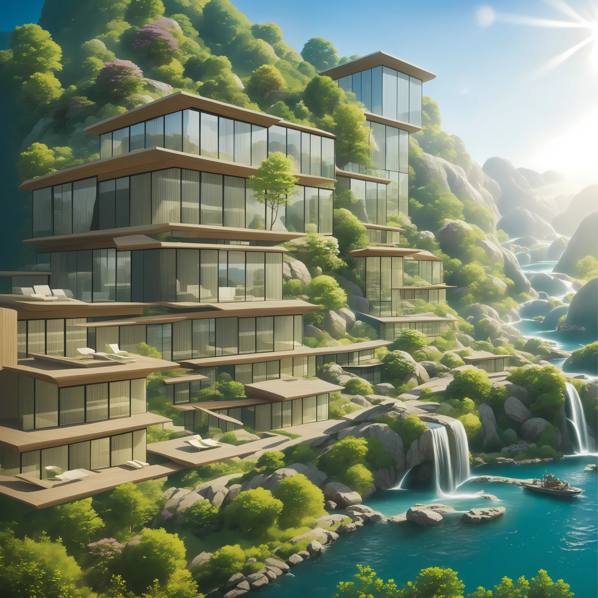 an awesome sunny day environment concept art on a cliff with huge waterfalls, nature meets architecture by kengo kuma and wes anderson with village, residential area, mixed development, highrise made up staircases, balconies, full of glass facades, cgsociety, fantastic realism, artstation hq