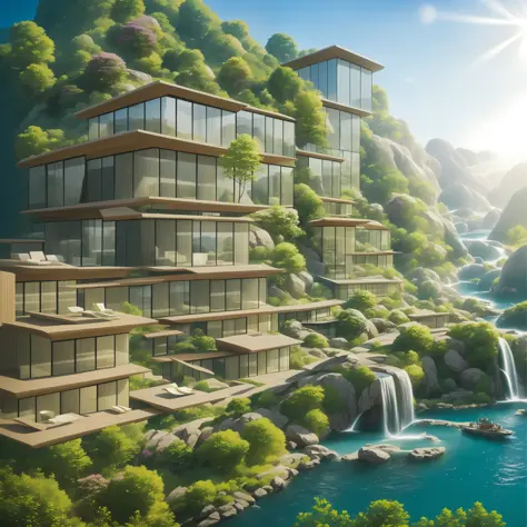 an awesome sunny day environment concept art on a cliff with huge waterfalls, nature meets architecture by kengo kuma and wes an...