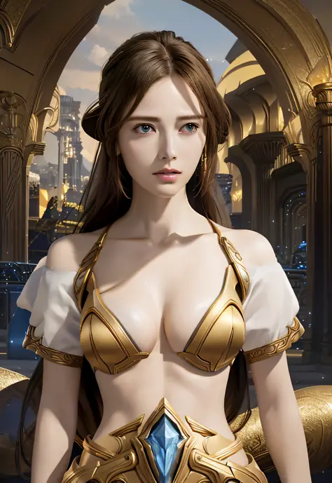 Protoss, (Best Quality), (Best Quality), (High Definition), (High Definition), (Complex Detail), (Photorealistic), (Cinematic Light) Golden Crest, (Colossal: 4.8), Complex Details, 1 Girl, No Bra, Clavicle, (Big), Big, (Long Hair:1.2)