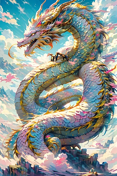 Top Quality, Masterpiece, Ultra High Resolution, (Long: 1.2), Pink Dragon, Sky, Outdoor, Clouds, Sun, Mountain, Open Mouth, Blue...