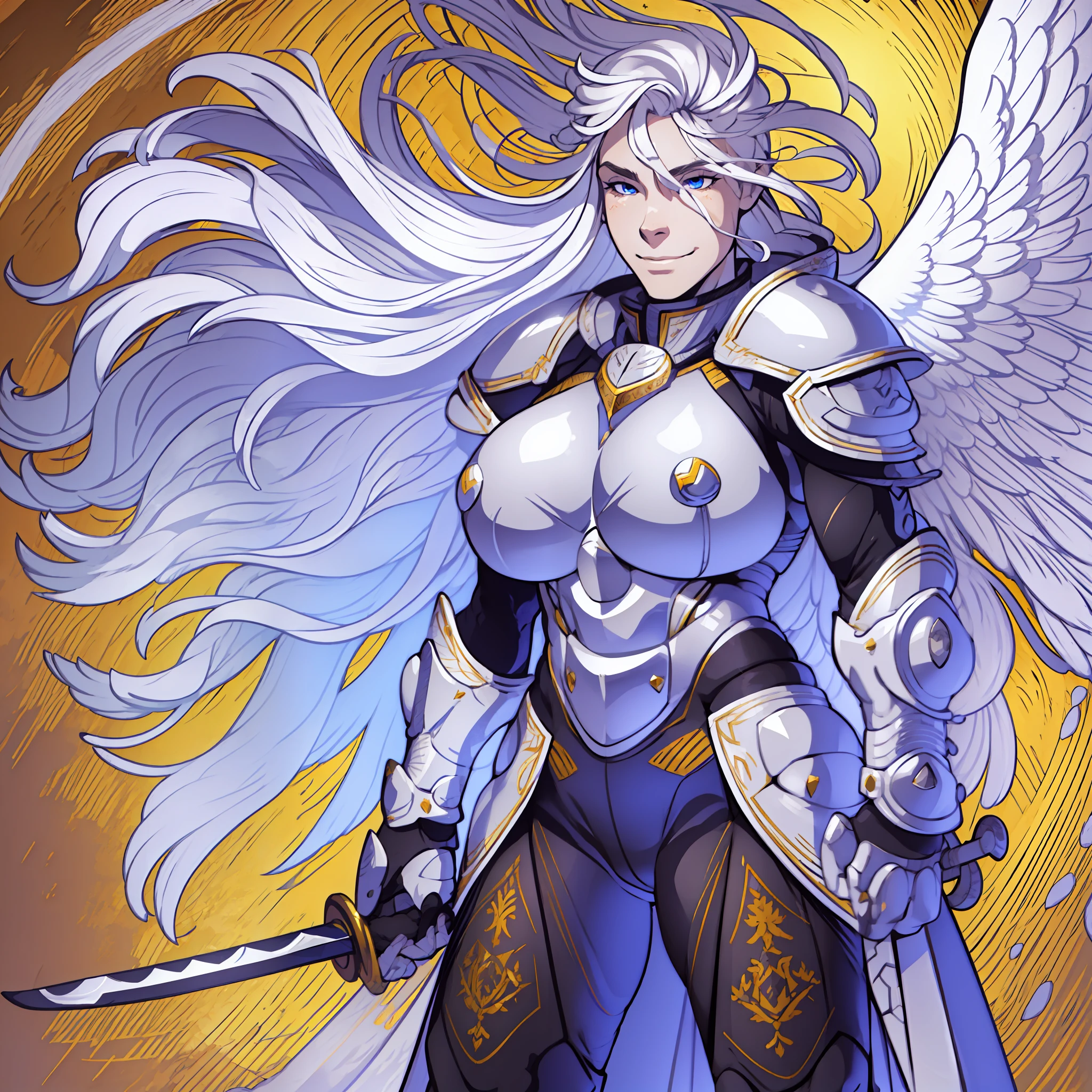 knight, young girl, sword holding , schield holding, angel, silver hair, blue eyes, portrait, 1character, full body, musclegirl , huge breast, tall female, portrait, full body, smile, pants