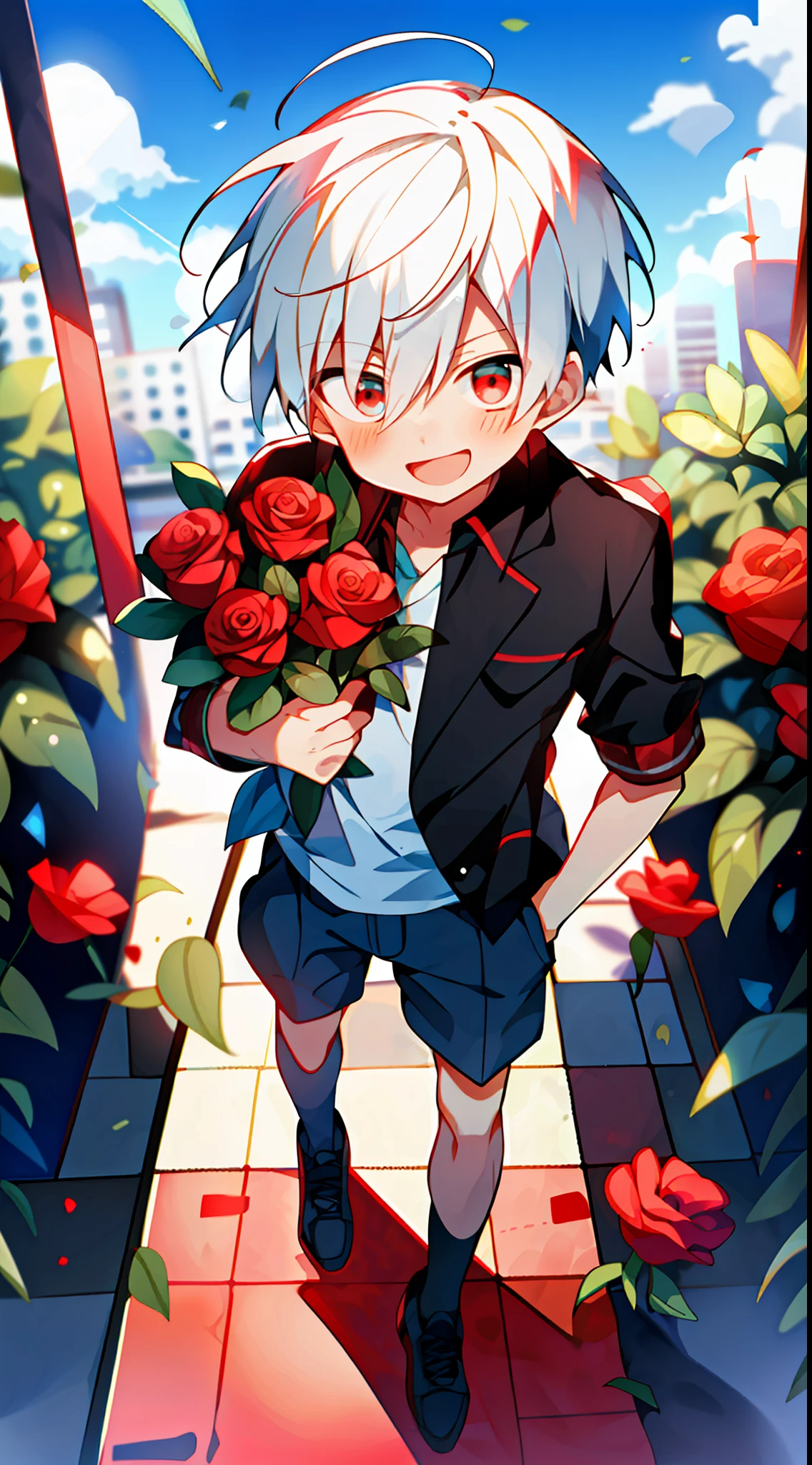 (high-quality, breathtaking),(expressive eyes, perfect face), 1boy, solo, short, young boy, short hair, white hair, red eyes, smiling, black school uniform, wear short shorts, urban setting, sunshine, blue sky, shine, glow, red roses, full body