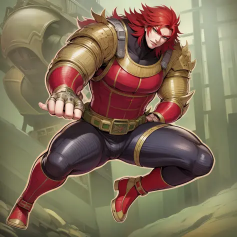 red hair, full armor, sentai hero, muscular man long hair, pants, vest, mantea, black cloths, full body, green eyes, five finger...