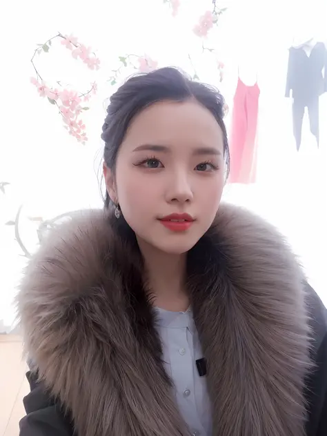 arafed woman wearing a fur collar and a blue shirt, wan adorable korean face, gorgeous young korean woman, beautiful south korea...