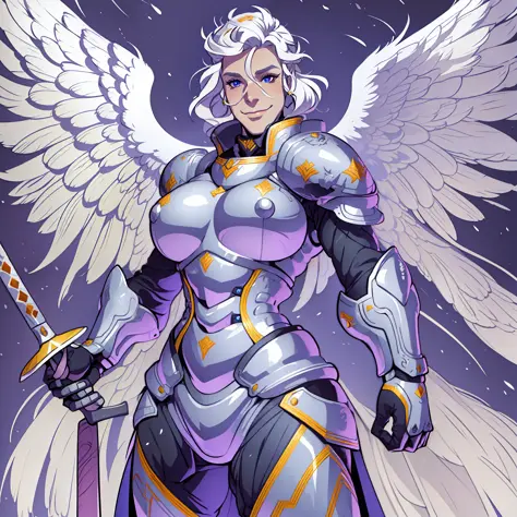 knight, young girl, sword holding , schield holding, angel, silver hair, blue eyes, portrait, 1character, full body, musclegirl ...