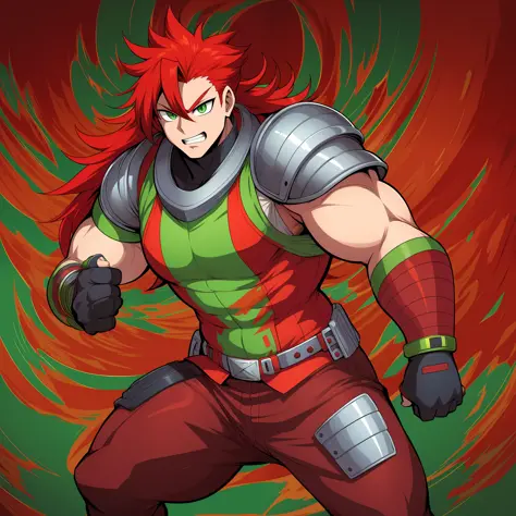 red hair, full armor, sentai hero, muscular man long hair, pants, vest, mantea, black cloths, full body, green eyes
