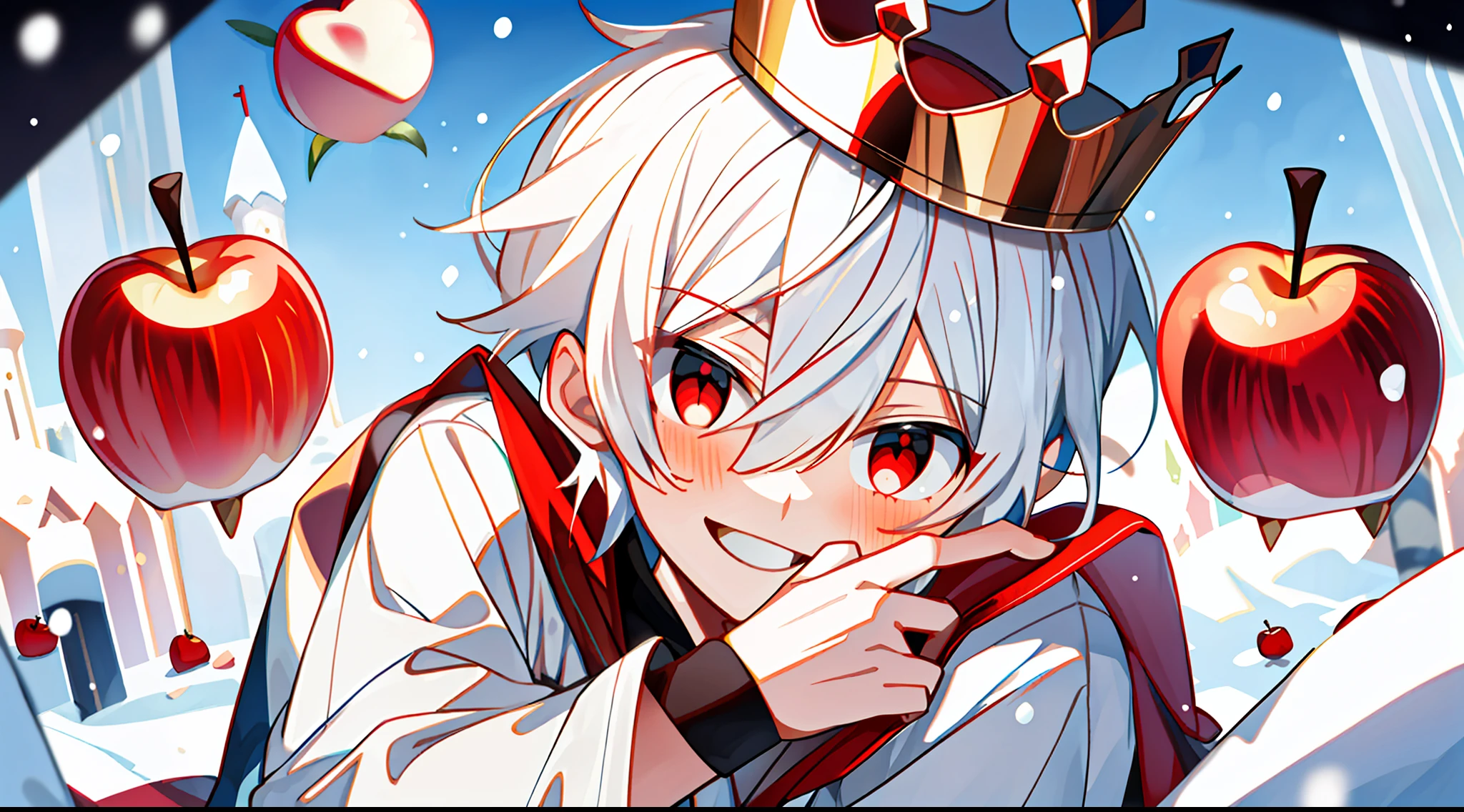 (high-quality, breathtaking),(expressive eyes, perfect face), 1boy, solo, short, young boy, short hair, white hair, red eyes, smiling, white snow prince outfit wear short shorts, ice castle, snow, crown, frost, red apple, roses